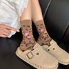 Brown Retro Trend Leopard Print Socks Women'S Medium Tube Autumn And Winter Korean Versatile Bow Pure Cotton Calf Stacking Socks