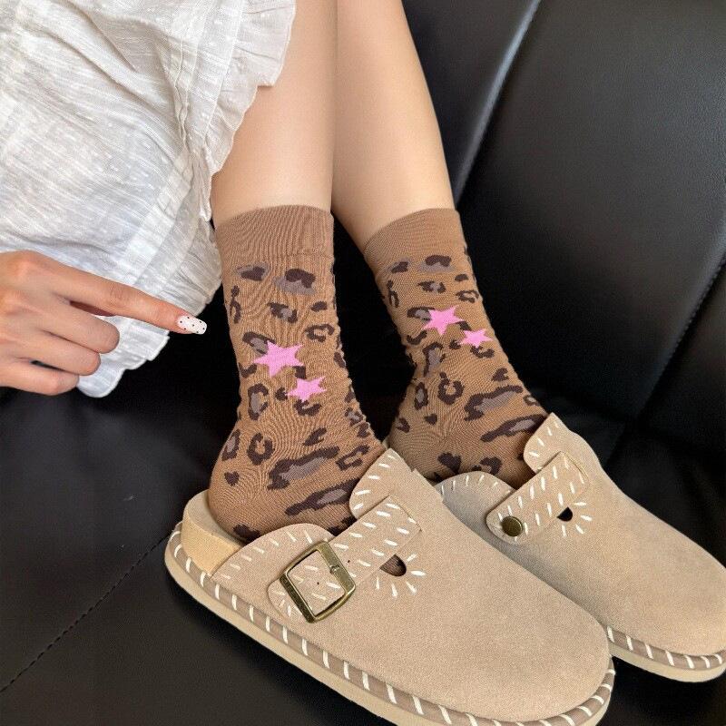Brown Retro Trend Leopard Print Socks Women'S Medium Tube Autumn And Winter Korean Versatile Bow Pure Cotton Calf Stacking Socks