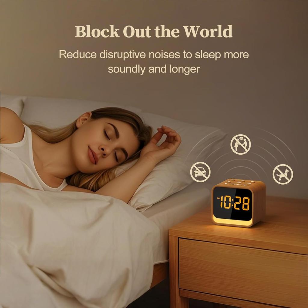 Modern White Noise Wooden Sound Machine Alarm Clock Gentle Wake-Up with Space-Saving Design for Desk Use Electronic Movement