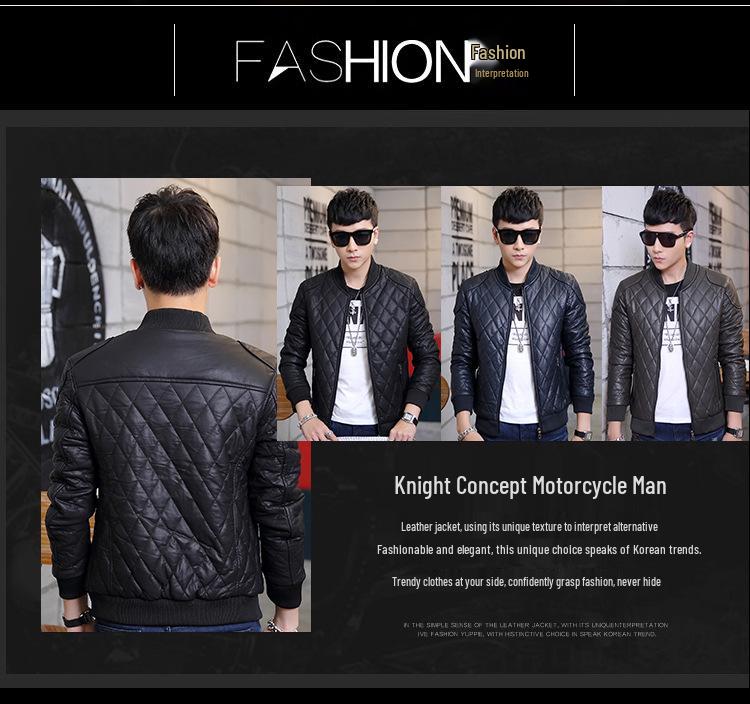 Youth Blue Leather Jacket with Stand Collar, Zipper, Side Pockets, and Round Hem - European-American Style, Winter Collection.