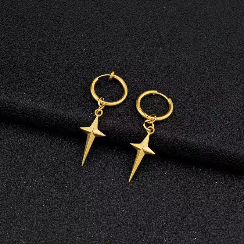 Unisex 3D Four-Pointed Star Cross Ear Clips - Non-Piercing Hip Hop Punk Style in Titanium Stainless Steel