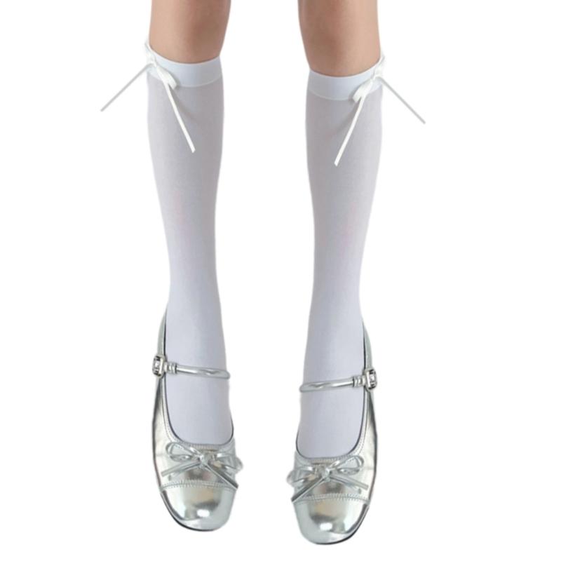 Ballett Elegante Samt Over-the-Calf Lange Socken für Damen Mädchen Süße Band Schleife Einfarbig Oberschenkelhohe Strümpfe