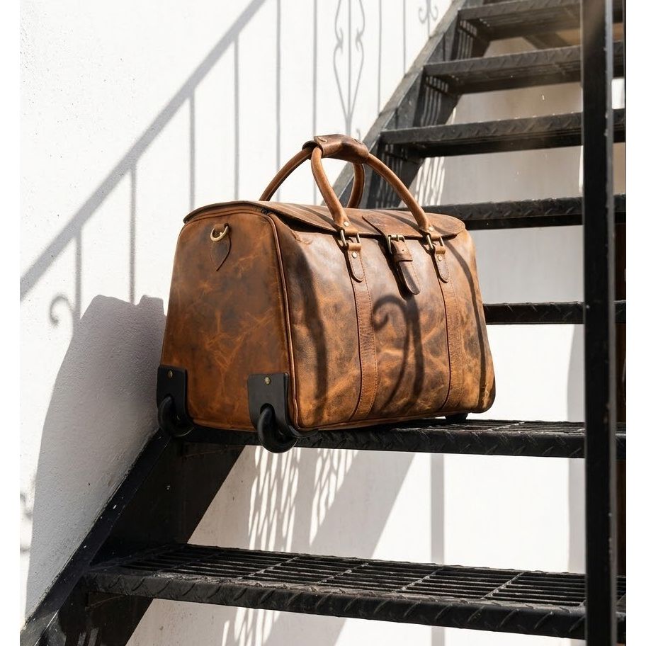 Monogrammed Leather Duffle Bag On Wheels | Genuine Leather Weekender Bag | Leather Holdall | Overnight Bag Men | Gifts For Him