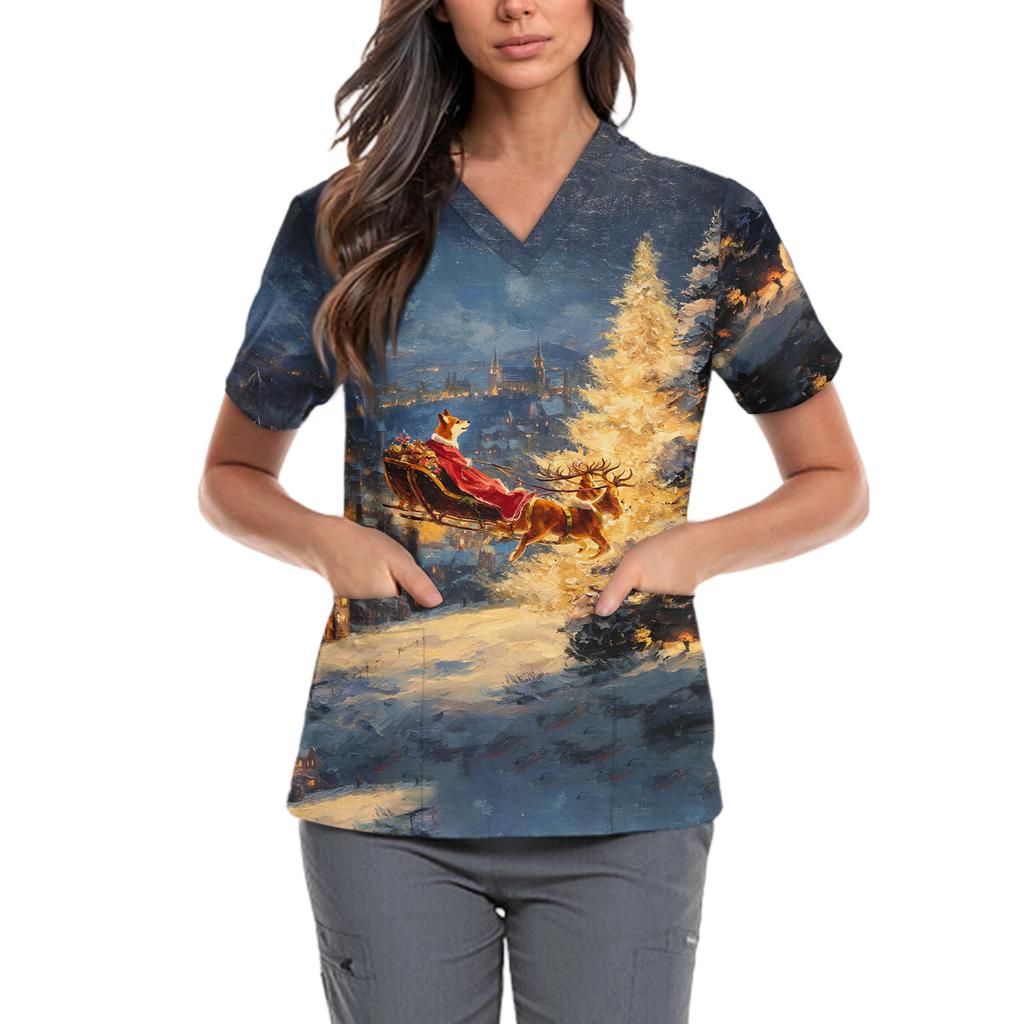 Women's Cute Bow Printed Work Clothes V-neck Double Layer Pockets Basic Short Sleeve Top Pullover