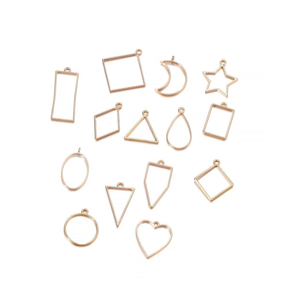 14Pcs/Lot Mixed Style Geometric Hollow Metal Frame Pendant for DIY Epoxy Resin Necklace Pendant Jewelry Making Accessories