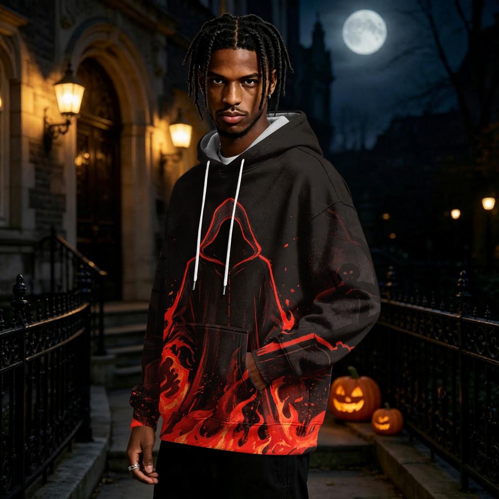 Men's Halloween Print Hoodie Long Sleeve Pullover Sweatshirt Casual Top