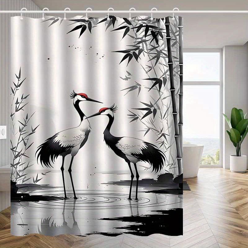 

1Pc Crane And Bamboo Patterned Shower Curtain, Polyester Fabric, With Hooks, Machine Washable, Suitable For Bathroom Decoration. W60H190(CM)-1 Pcs