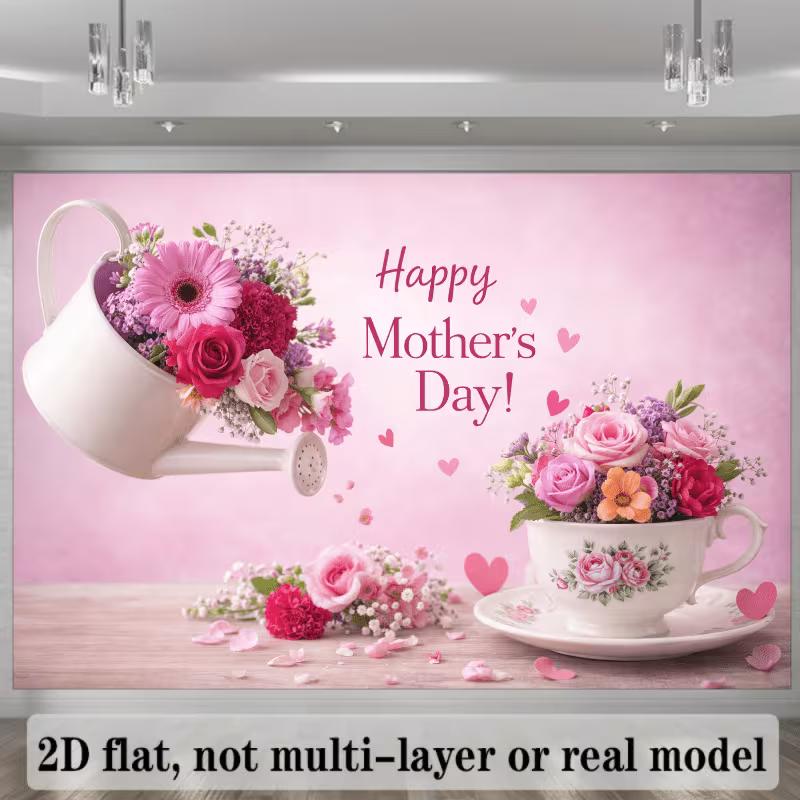 2D Floral Happy Mother's Day Background Banner, Pink Rose & Heart Backdrop for Holiday Photoshoot
