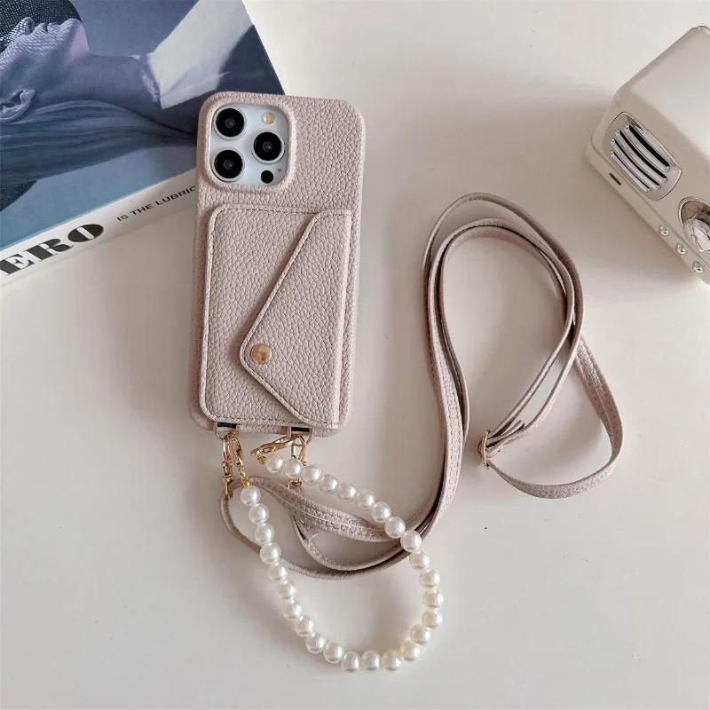 Leather Crossbody Wrist Strap Phone Case for IPhone 13 12 Mini 15 14 Plus 11 Pro Max Wallet with Card Holder Protective Cover
