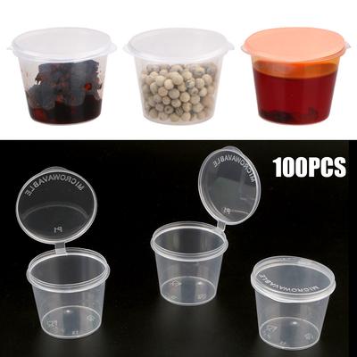 100 Stück Chutney-Chili-Sauce-Becher, Kunststoff, durchsichtig, für Lebensmittel, kleine Saucenbehälter, Box mit Deckel, Küchenorganizer, Einweg-Saucentopf