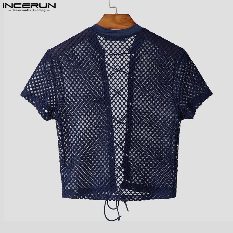 INCERUN Men Summer Short Sleeve Bandage Hollow Sheer Party Club Crop Tops T-shirts