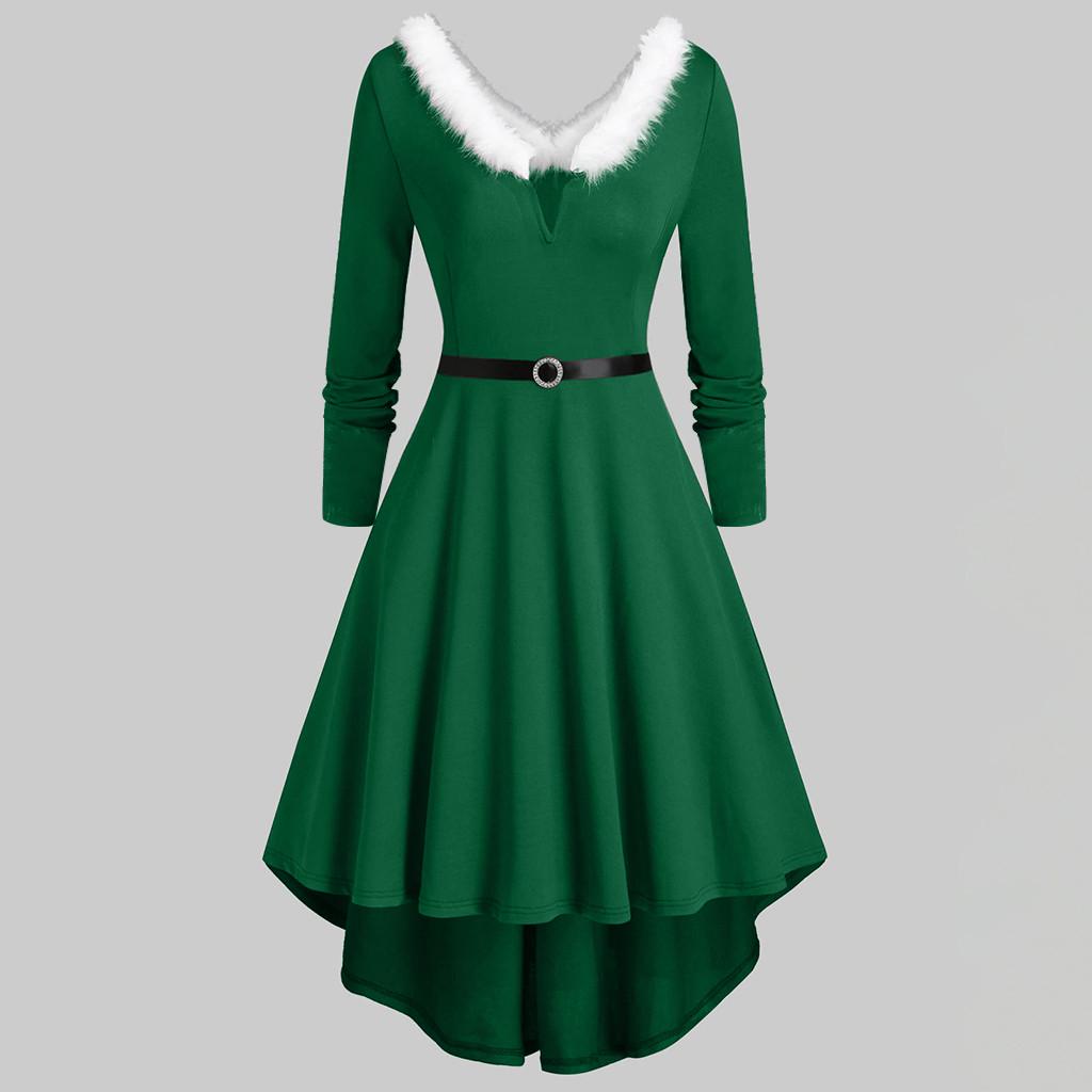 Plus Size Women Christmas Patchwork Faux  Panel Long Sleeve Asymmetric Dress
