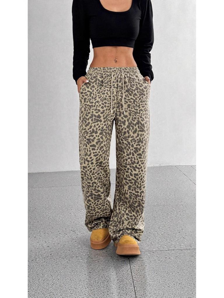 Spring/Autumn Spicy Girl Women's High Waist Wide Leg Pants Loose Fit Slimming Trendy Leopard Print Floor Length Casual Pants