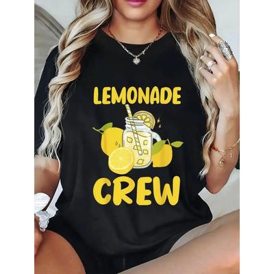 T-shirt da Donna con Stampa a Fette di Limone - Top Estivo a Maniche Corte con Fantasia Limoni, Blusa Nera Traspirante per Feste Casual, Campeggio e Uso Quotidiano