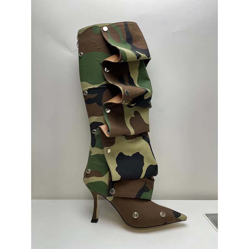 European And American Women'S Shoes New High-Heeled Pointed Metal Rivets Xishi Velvet Two-Wear Stacked Knee-Length Boots