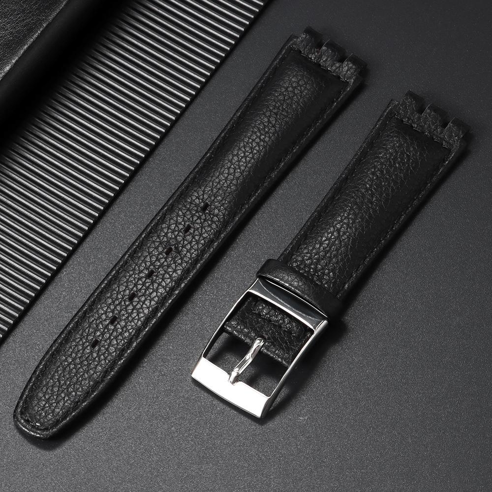 Wristband 17mm for Swatch Watch Strap Genuine Cowhide Leather Bracelet Men Women Business Black Buckle Replacement Watchband
