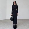 Figurbetontes Kleid für Damen Mock-Neck Langarm Midi-Kleid Gerafft Slim Fit Party Cocktail Formelles Kleid Herbst Hochzeitsgastkleid