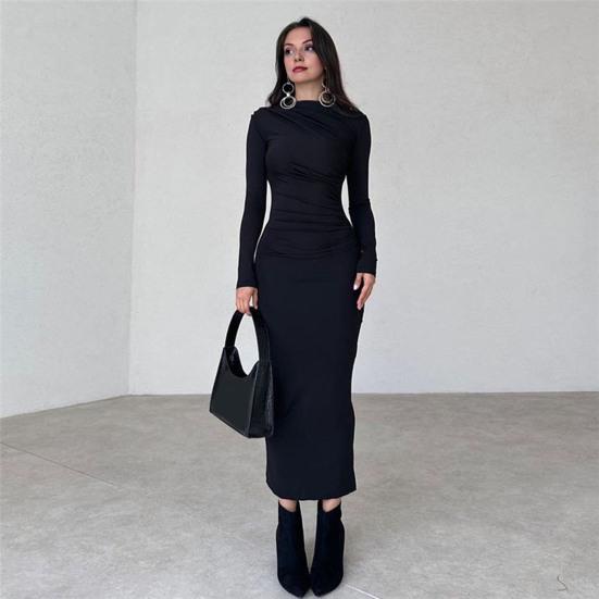 Figurbetontes Kleid für Damen Mock-Neck Langarm Midi-Kleid Gerafft Slim Fit Party Cocktail Formelles Kleid Herbst Hochzeitsgastkleid