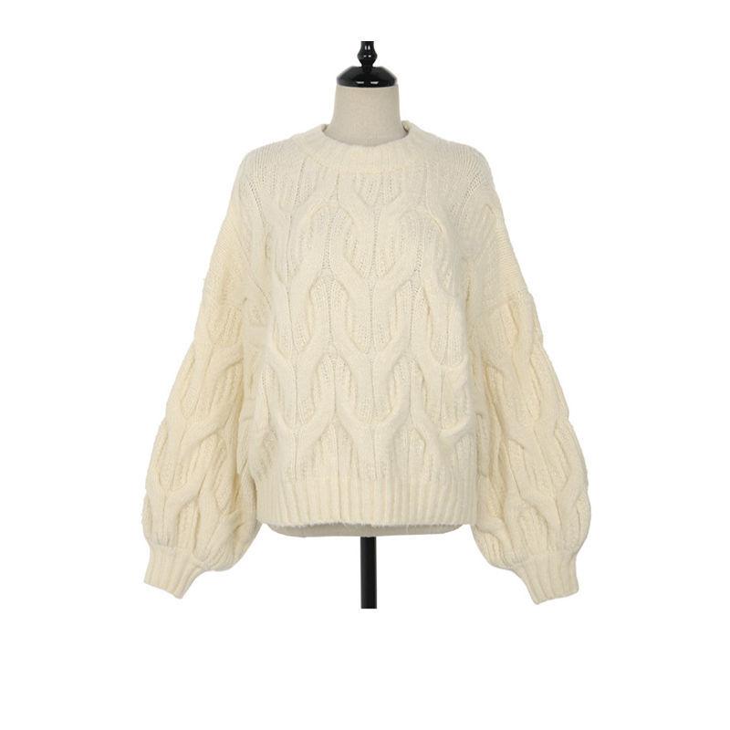 Lantern Sleeves Round Neck Twist Sweater Female Daily Casual Autumn and Winter Korean Version of Loose Thickened Twist Pullover Knitted Sweaters