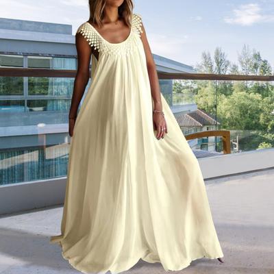 Damen Freizeit Maxikleid Boho Quasten Ärmellos Rundhals Strand Sommerkleid Fließend Cocktail