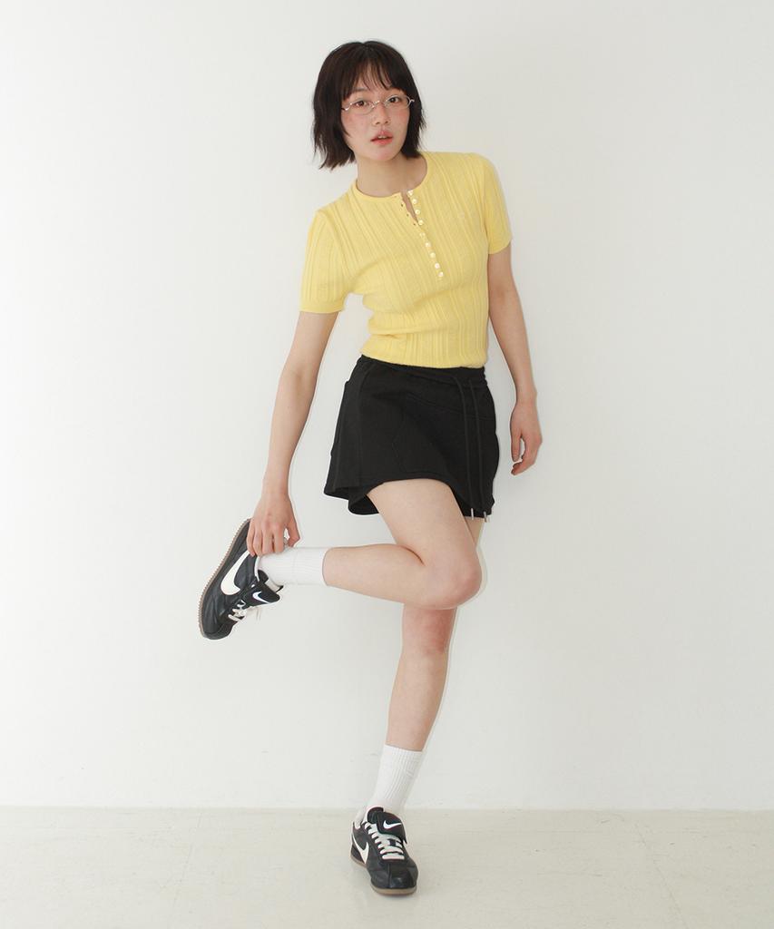 RONRON Button Point Slim Short Sleeve Knit Yellow