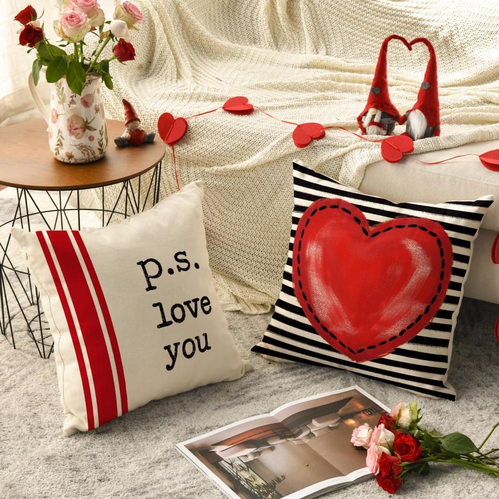 4pcs Set - Happy Valentine's Day Love Truck Pillow Covers, 18.0 X 18.0inch Red Heart Love Never Fails Buffalo Plaid Wedding Cushion Covers, Multiple S