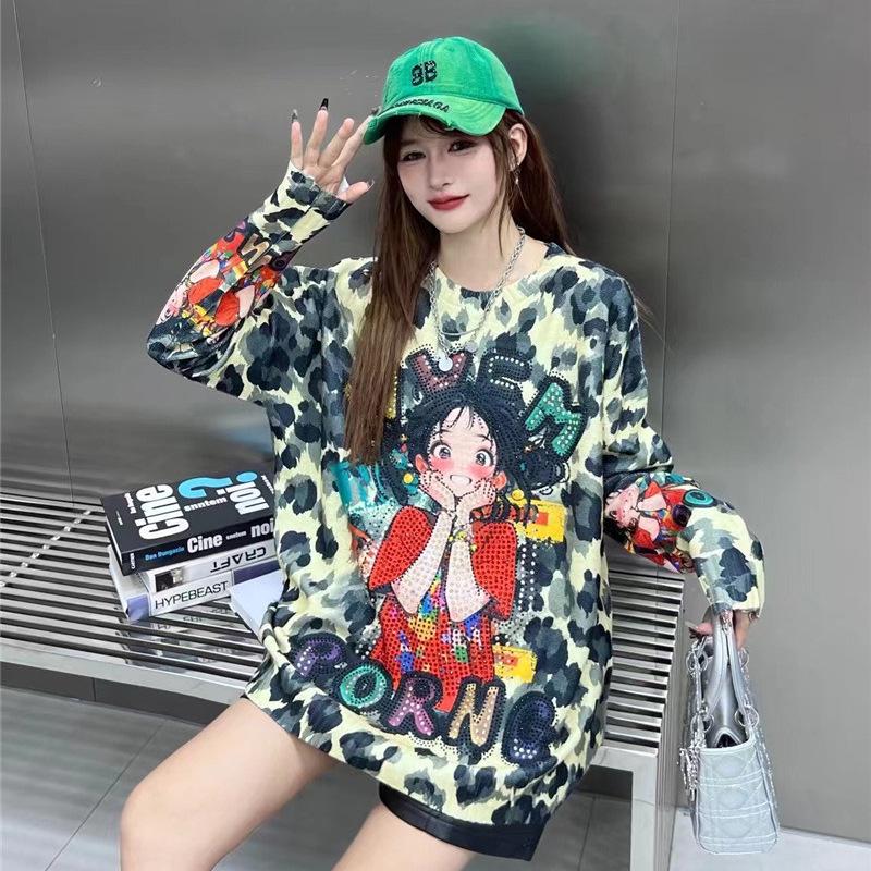 Women's Cartoon Rhinestone Long Sleeve Sweater - Chic Korean Style Loose Knit Round Neck Top for Autumn/Winter