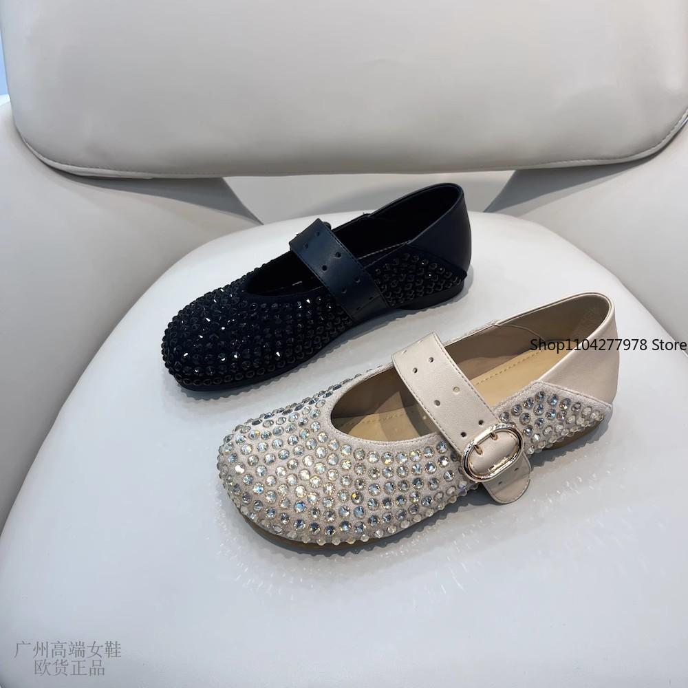 Fashion Women Flat Shoes Vulcanize Designer Loafers Diamond Rivet Mary Jane Shoes Woman Studded Crystal Women Flats Ballet Lolita Shoes