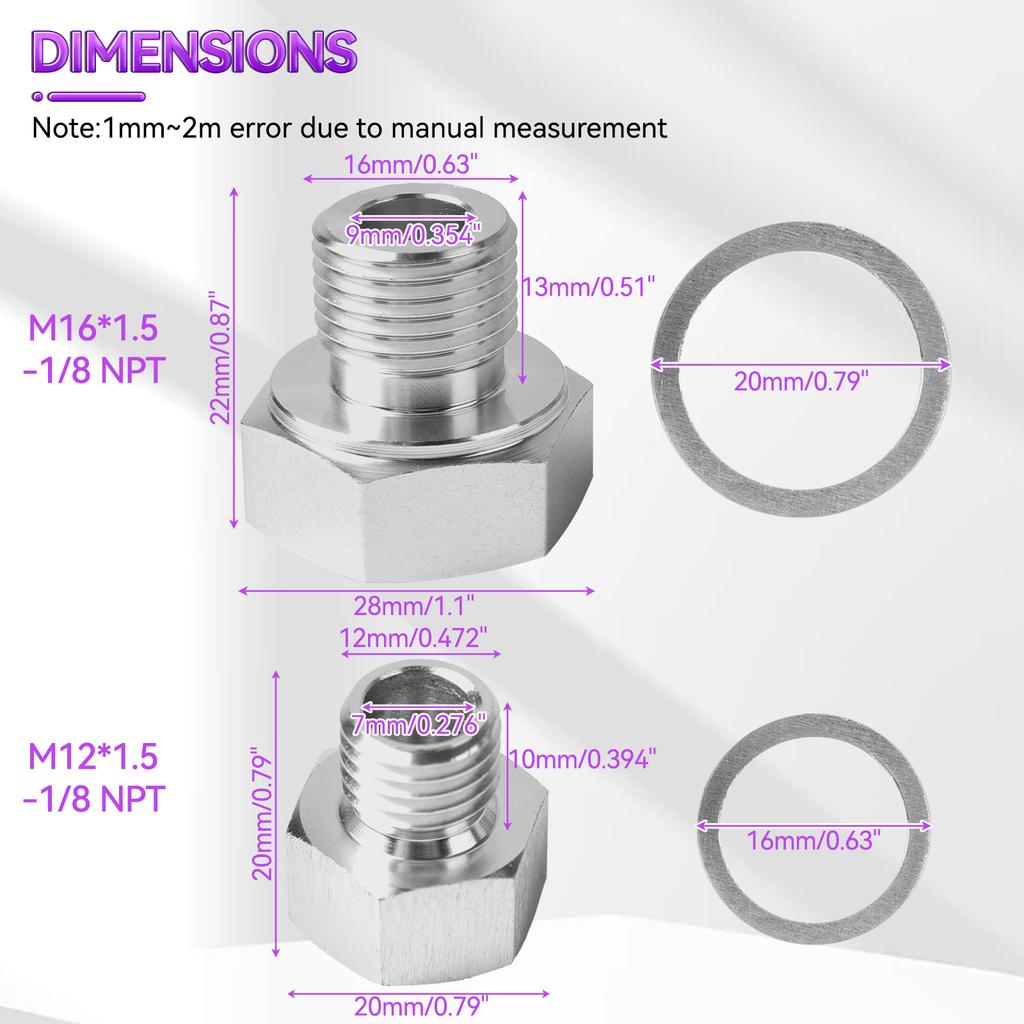 Oil Pressure Sensor Adapter Portable Silver Sensor Adapter Male M12 X 1.5 M16 X 1.5 To Female 1/8 NPT Adapter With Gasket Silver