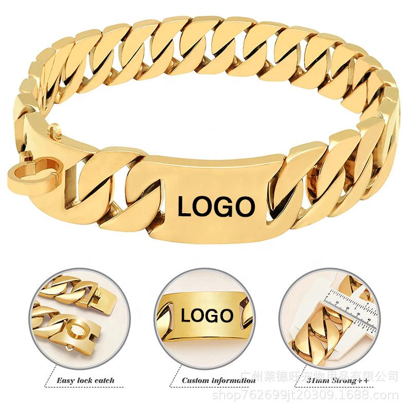 Engraved Titanium Steel Dog Collar & Leash Set with Gold Curved Plate - 32mm Stainless Steel for Large Dogs