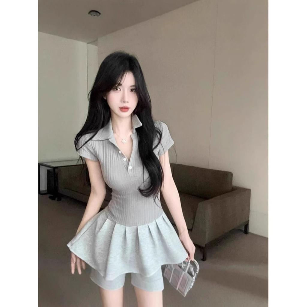 Fashion new gray POLO neck splicing fake two-piece dress women's summer waist pleated short skirt children sweet