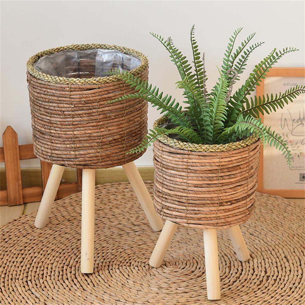 Rattan Indoor Plant Stand Straw Woven Flowers Pots Holder Stool With Legs Floor Planter Baskets Rack Wood Plant Shelf