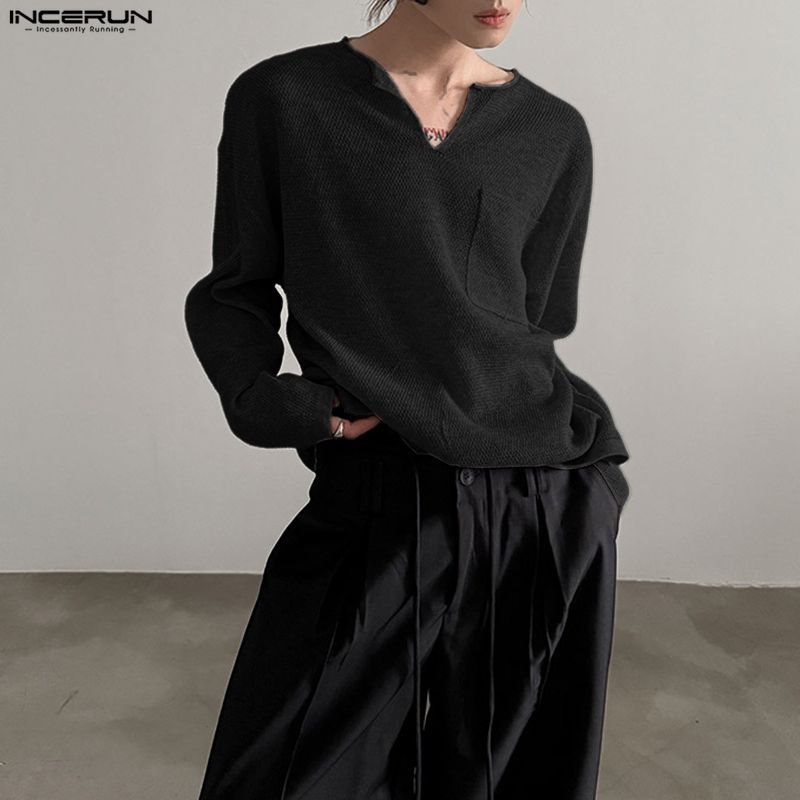 INCERUN Oversized Autumn Spring Men Casual Long Sleeve Texture T-shirts Tops