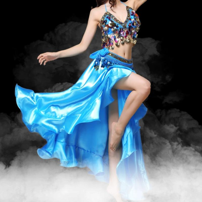 

Костюм для танца живота для взрослых и женщин, Восточная юбка для танца живота, сценическое представление, комплект из 3 предметов, бюстгальтер, юбка с поясом, одежда для танца живота M бирюзовый