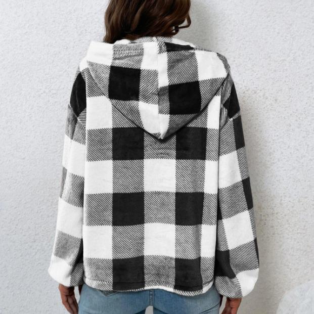 Autumn and Winter Women's Fashion Flannel Plaid Half Open Collar Nail Buckle Hooded Plush Sweater