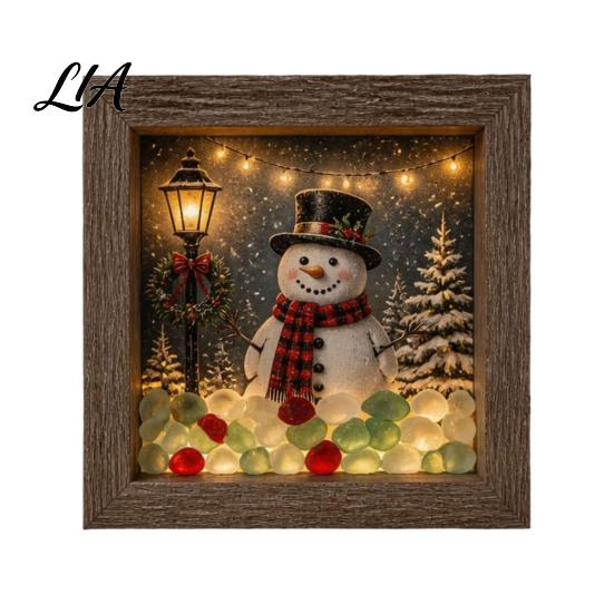 Miniature Landscape Art Christmas Sea Glass Shadow Box Night Light, 3D Winter Snow Scene Wooden Unique Home Gift Frame with LED Warm Glow, Ornament