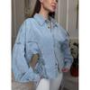 TrendHub Giacca Corta Vintage in Denim da Donna con Collo Bottoni Corsetto Allacciatura in Vita Maniche a Lanterna Regolabili Y2K Streetwear Capospalla