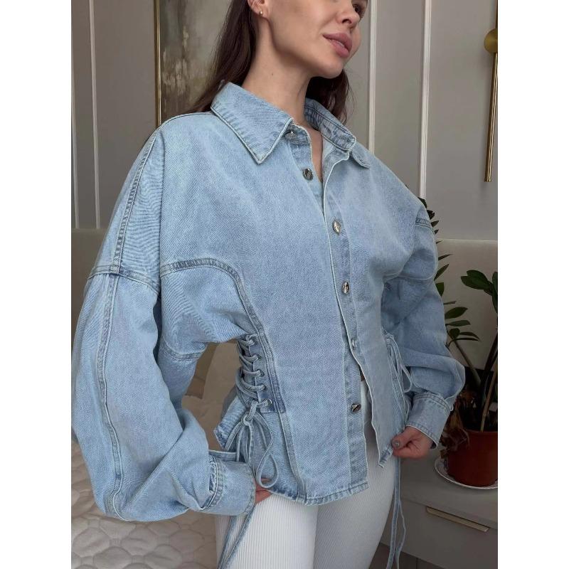 TrendHub Giacca Corta Vintage in Denim da Donna con Collo Bottoni Corsetto Allacciatura in Vita Maniche a Lanterna Regolabili Y2K Streetwear Capospalla