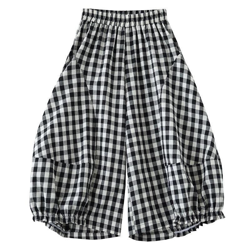 Rozmiar plus Vintage krata wysoki stan Casual luźne Lato szerokie nogawki Spodnie krzyżowe Kobiety Spodnie