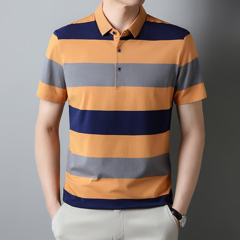 High Quality Men's Striped Short Sleeved T-shirt, Cotton Thin Design, Business Lapel, Men's Polo Shirt,