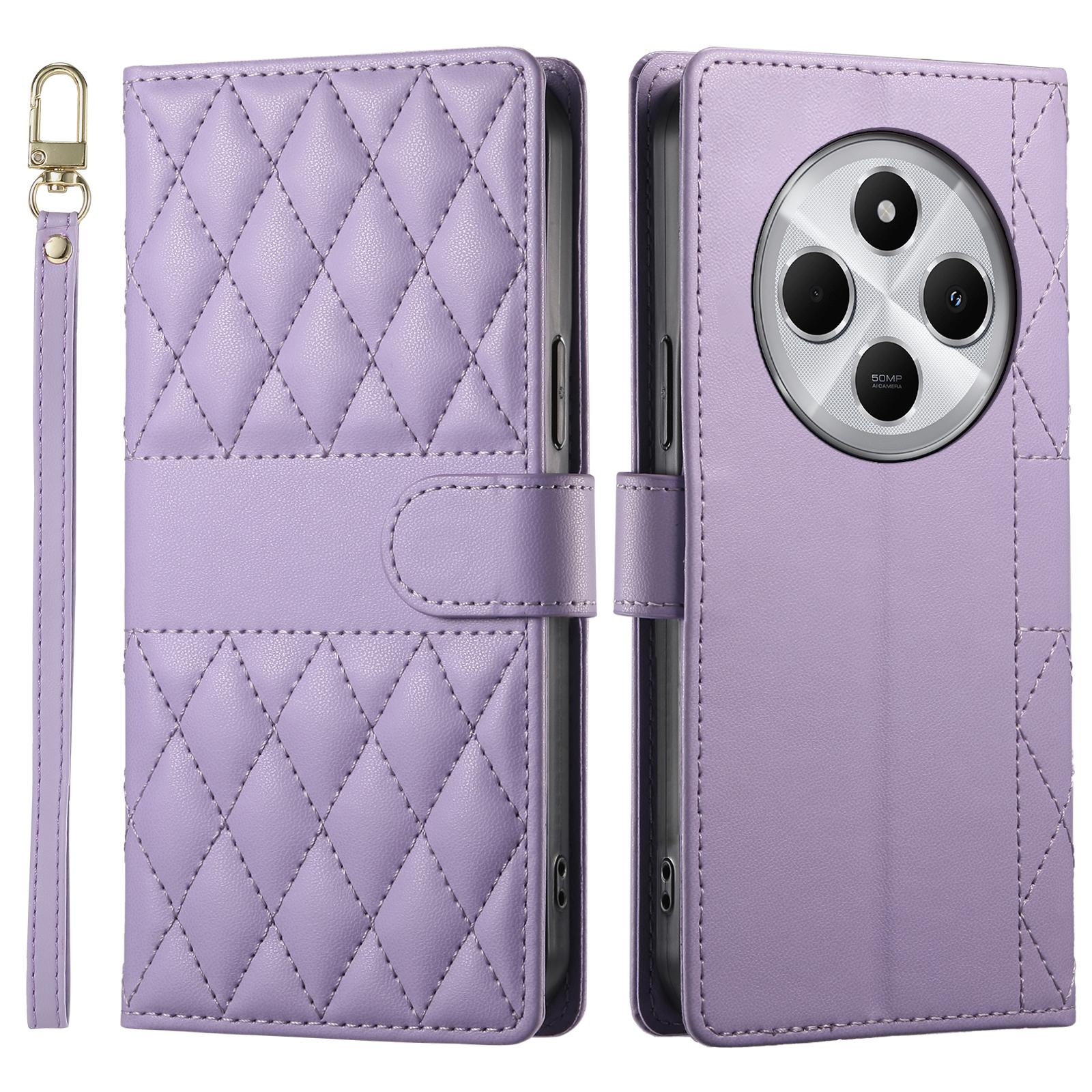 

Leather Case For Xiaomi Redmi 14C 4G/14R 5G/A3 Pro 4G/A4 5G/Poco C75 4G Rhombus Stitching Phone Cover with Long/Short Strap Purple