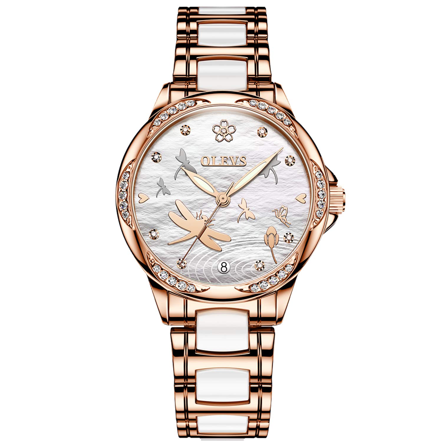 

RORIOS Милые и стильные механические автоматические часы с люминесцентным полым керамическим белым женским часом с изображением стрекозы, украшение, ремешок, белый