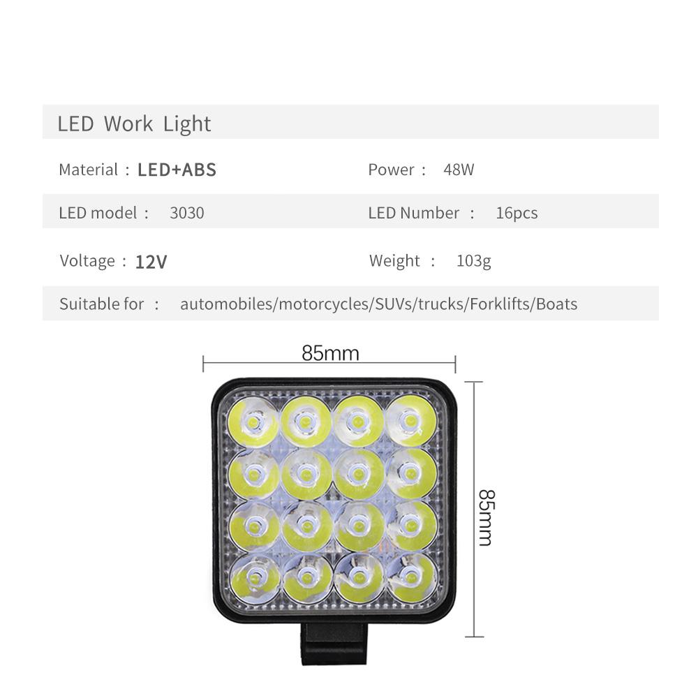 12V Led Work Light Square Spotlight/floodlight 48W Car Headlight For Truck Off Road SUV Night Driving Light Fog Lamp