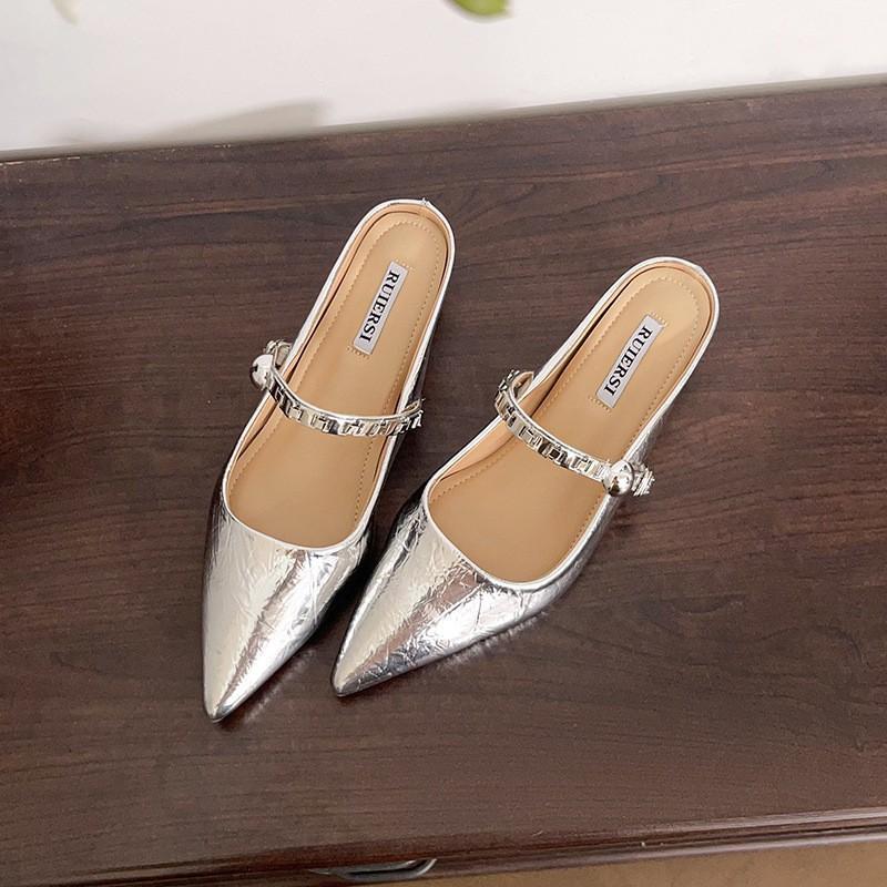 

5CM inner height increase~ Baotou half slippers women wear silver wedge heel soft sole pointed French Mary Jane single shoes 40