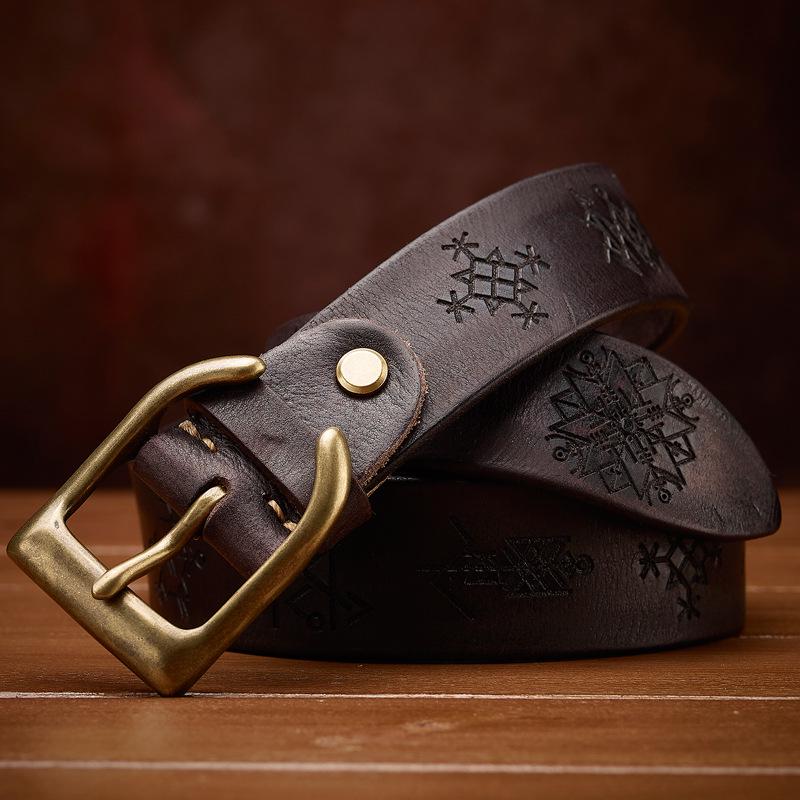 Genuine Leather Thickened Retro Cowhide Men's Belt - Handmade, Embossed, Casual, Versatile Jeans Waistband