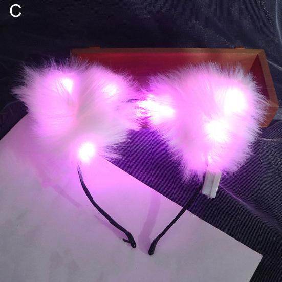 LED Headband with Bell 3-speed Flash Bowknot Design Light-up Plush Glowing Cat Ear Hair Hoop for Party