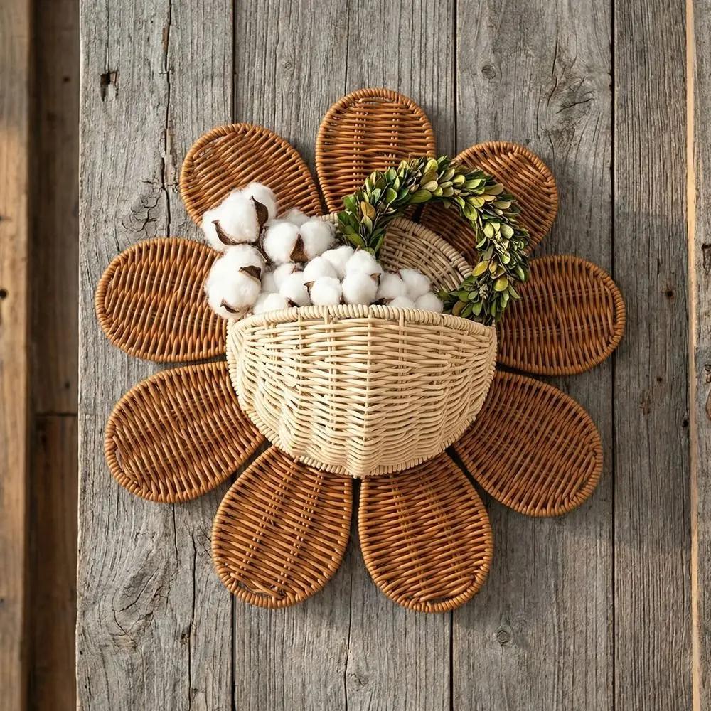 Handmade Imitation Rattan Sun Flower Wall Hanging Basket Decorative Nordic Style Storage Baskets PP Keys Storage Basket Room