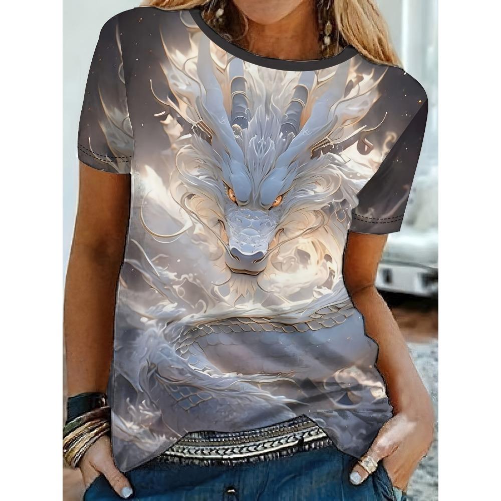 Summer Women’s Casual Fashion Animal 3D Printed T-shirt Loose Breathable Plus-size Casual Sports Versatile Crew Neck Short-sleeve T-shirt S