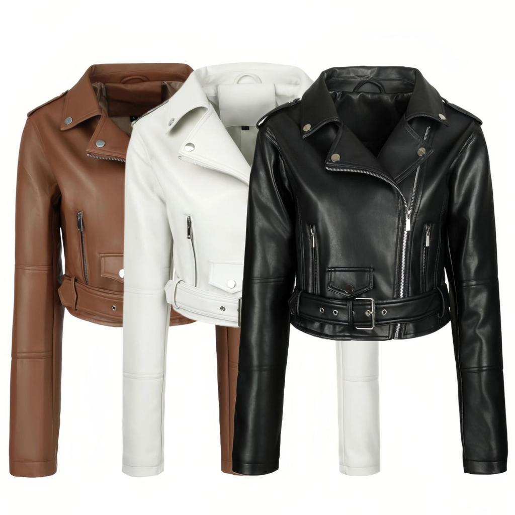 Cross-border Women's PU Jacket Short Belt Adjustable Belt Zipper Lapel Jacket Leather Jacket