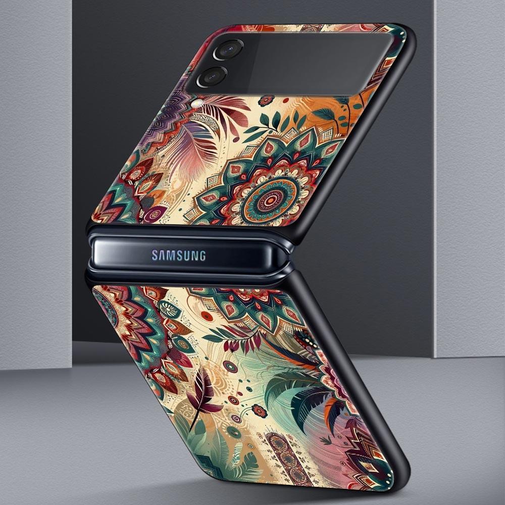 Indian Pattern Mandala Hard PC Phone Case For Samsung Galaxy Z Flip 7 6 5 4 Black Cover For Galaxy Z Flip3 Foldable Fundas Shell
